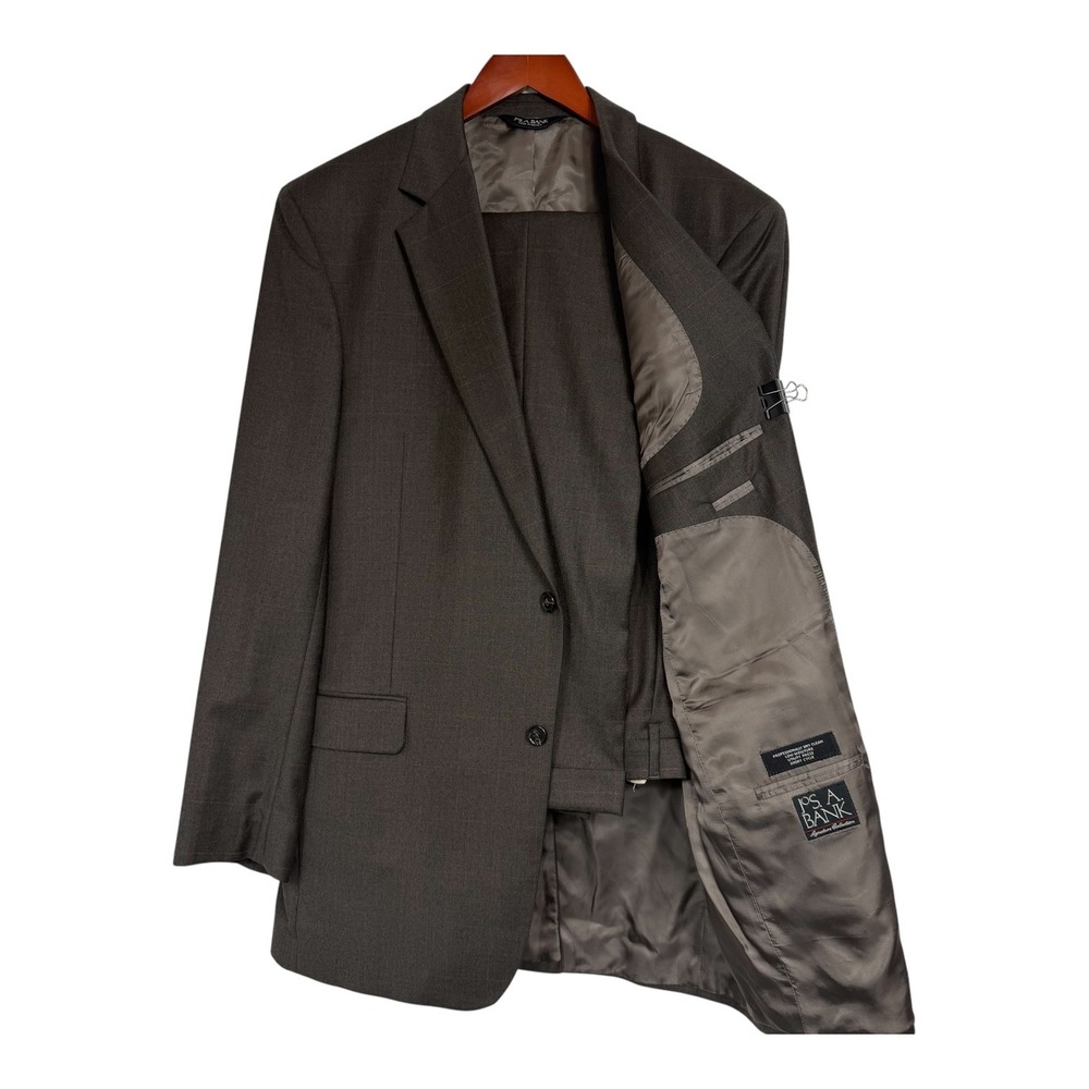 Jos A Bank Gordon Suit 44XL Brown Windowpane 100% Wool Pleated 36x33